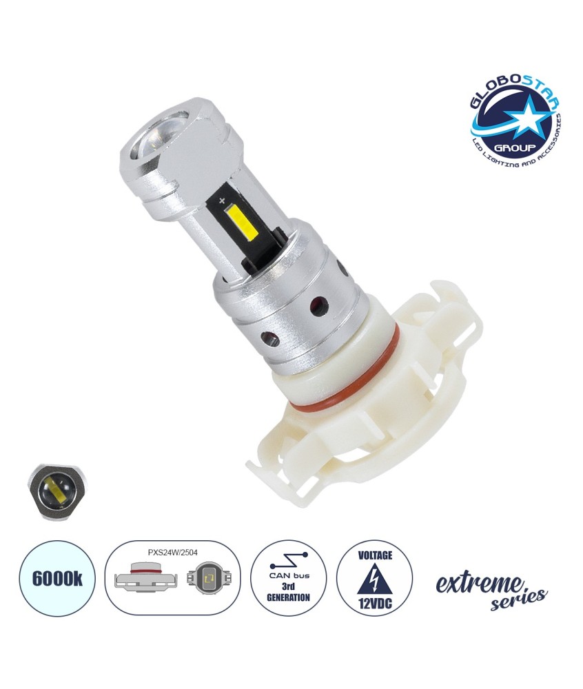 GloboStar® 81507 Λάμπα Αυτοκινήτου & Μοτοσυκλέτας LED PXS24W-2504 3rd Generation Can-Bus Extreme Series 5xSMD1860 CSP 8.5W 1200lm 360° DC 12V IP20 - Μ4 x Π2.8 x Υ6cm Λευκό - Ψυχρό Λευκό 6000K - 2 Χρόνια Εγγύηση